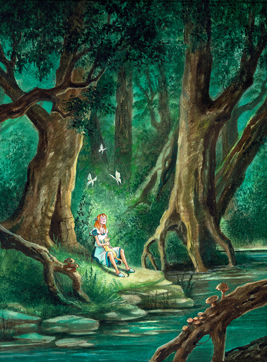 Illustration verdoyante représentant une jeune fille dans la forêt 