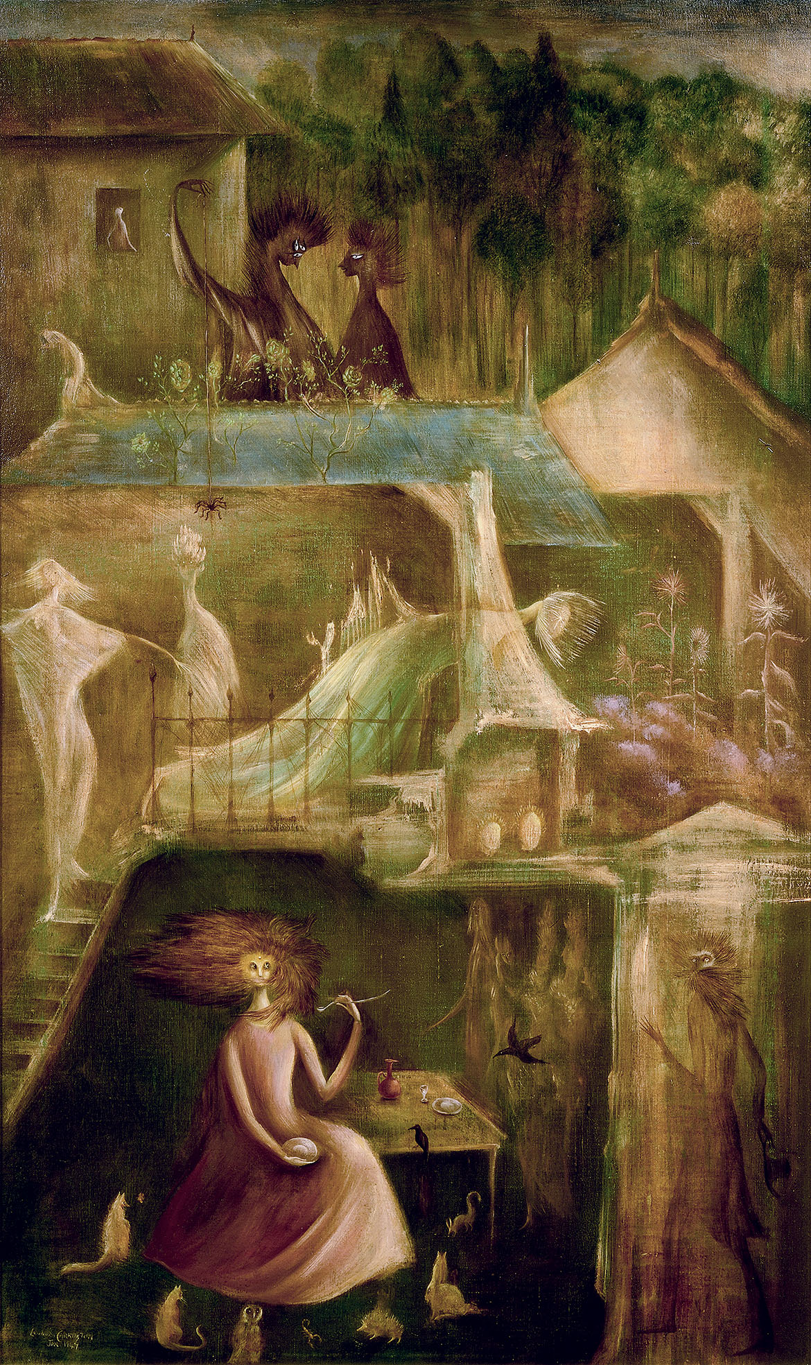 Oeuvre de Leonora Carrington, The Lodging House, représentant un intérieur avec plusieurs étages et des créatures hybrides