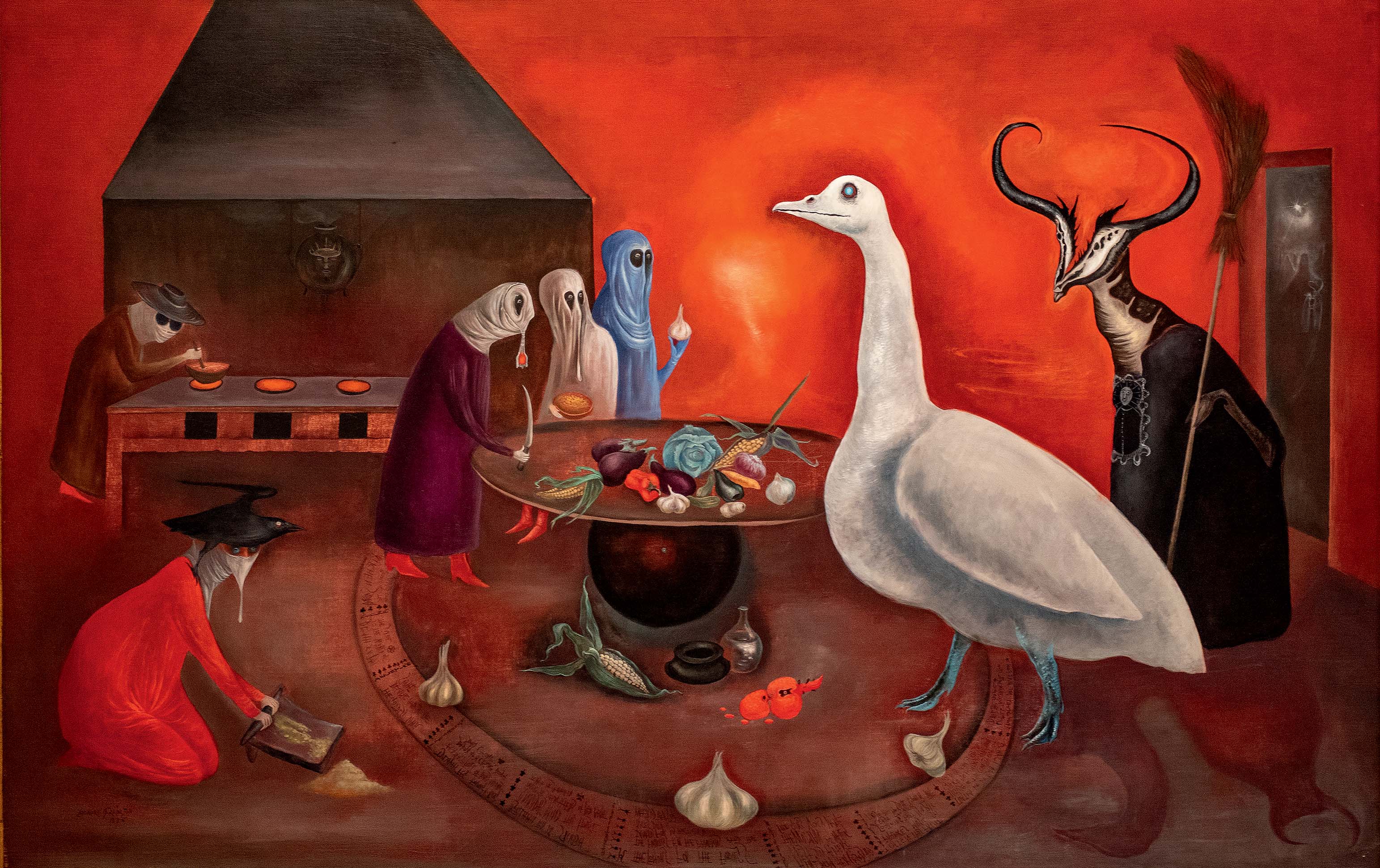 Oeuvre de Leonora Carrington, Grandmother Moorhead’s Aromatic Kitchen, avec des personnages hybrides sur fond rouge