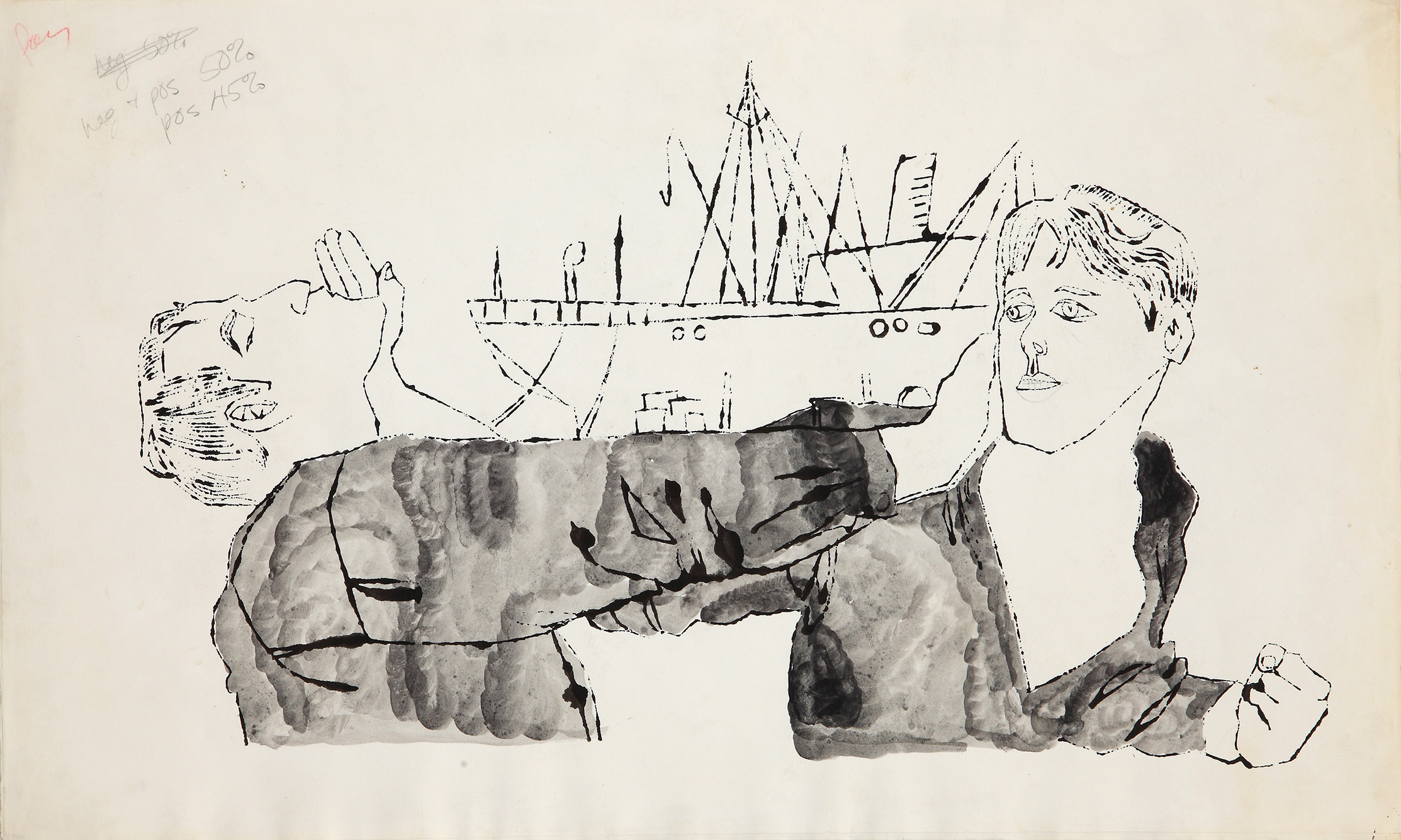 Dessin d'Andy Warhol représentant deux hommes et un bateau au milieu