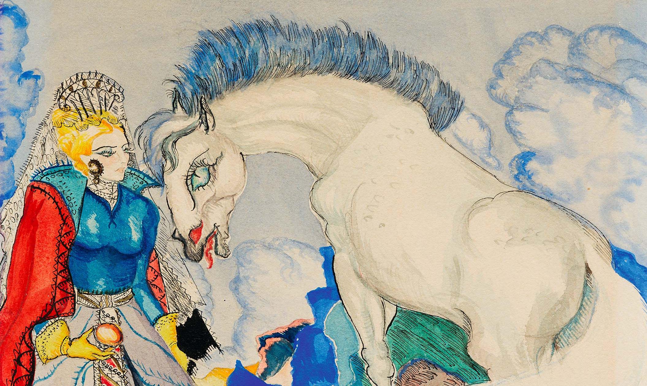 Une femme bien apprêtée avec un cheval blanc 