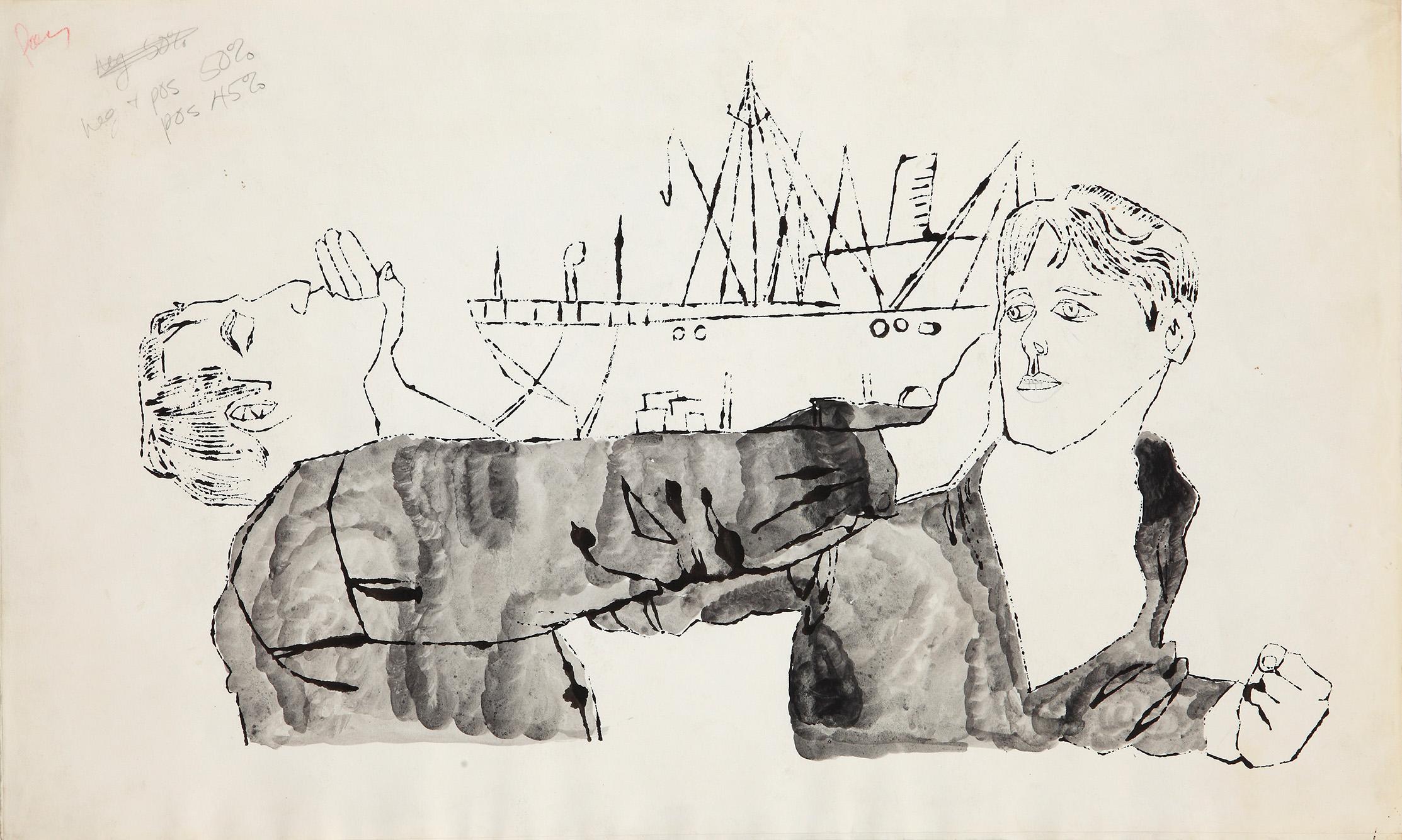 Dessin d'Andy Warhol représentant deux hommes et un bateau au milieu