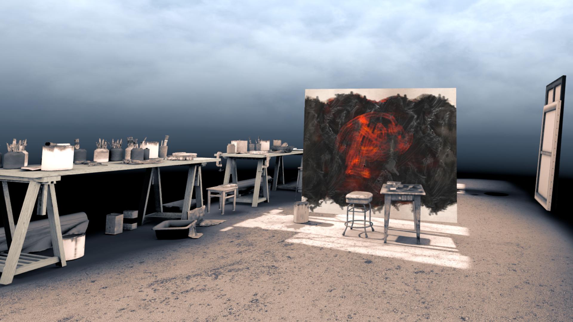 Image de l'atelier de l'artiste, extraite de l'expérience en réalité virtuelle "Outrenoir"