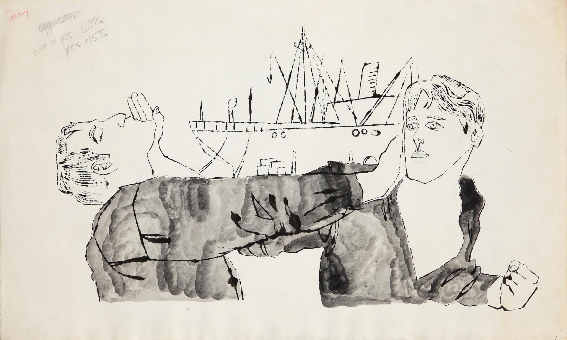 Dessin d'Andy Warhol représentant deux hommes et un bateau au milieu